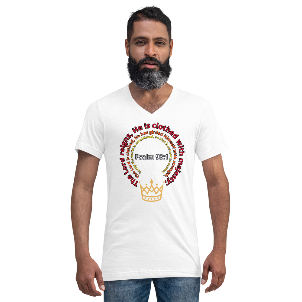 Psalm 93:1 unisex v-neck tee white (front)