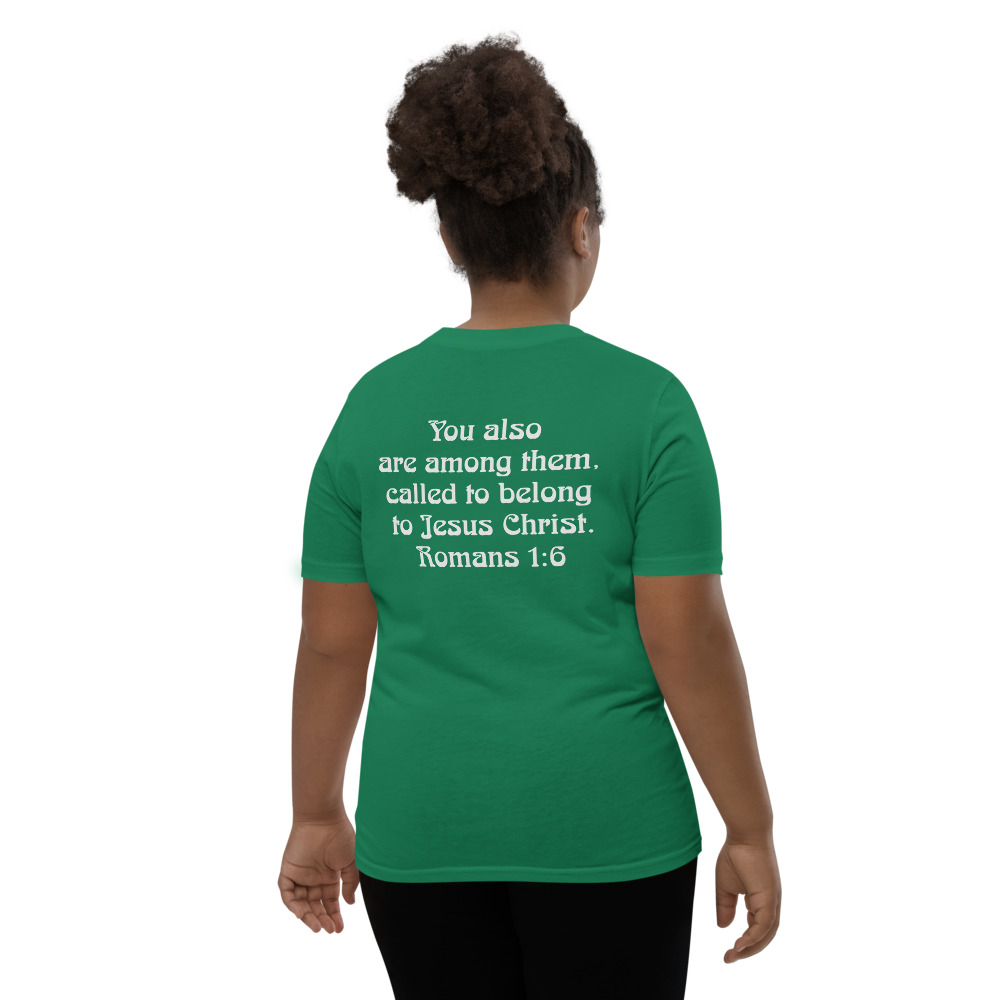 Youth Called T-Shirt in Kelly Green, back showing Romans 1:6 scripture