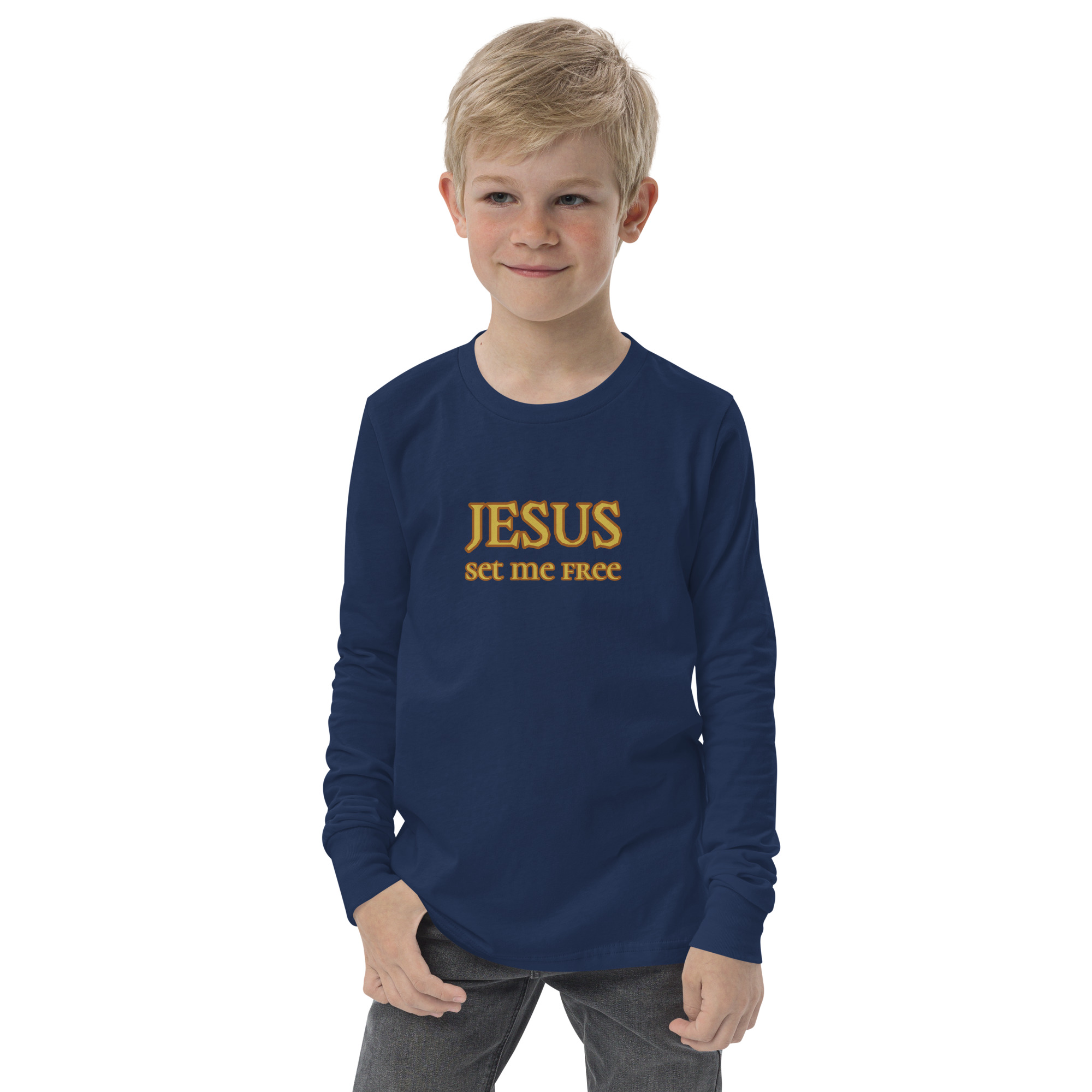 boy wearing navy “Jesus Set Me Free” Long Sleeve Tee for Youth by Fitness for Worship
