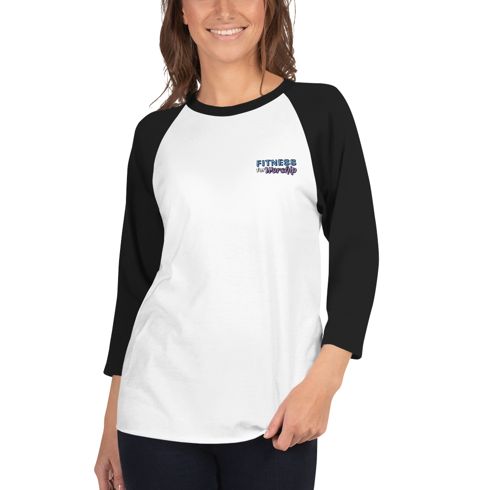 woman wearing Fitness for Worship 3/4 Sleeve Baseball Shirt by Fitness for Worship