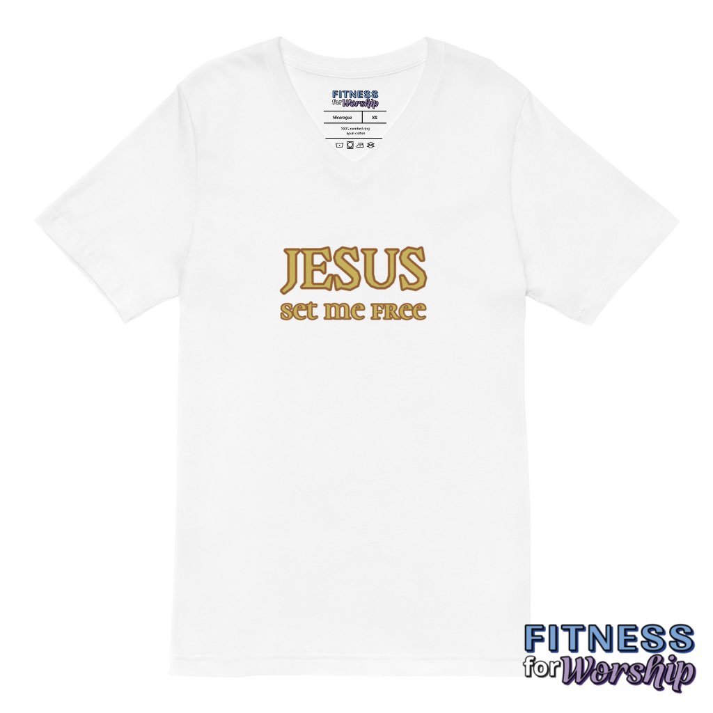 white “Jesus Set Me Free” Short Sleeve V-Neck T-Shirt by Fitness for Worship
