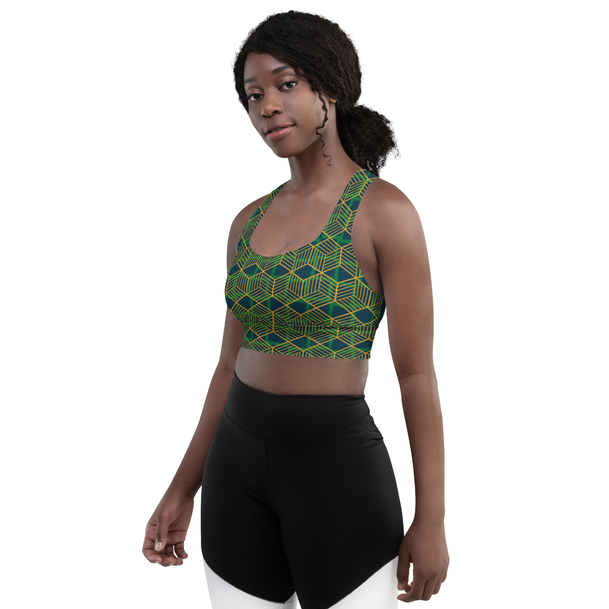 Woman wearing Green Geometric Pattern Longline Compression Sports Bra by Fitness for Worship