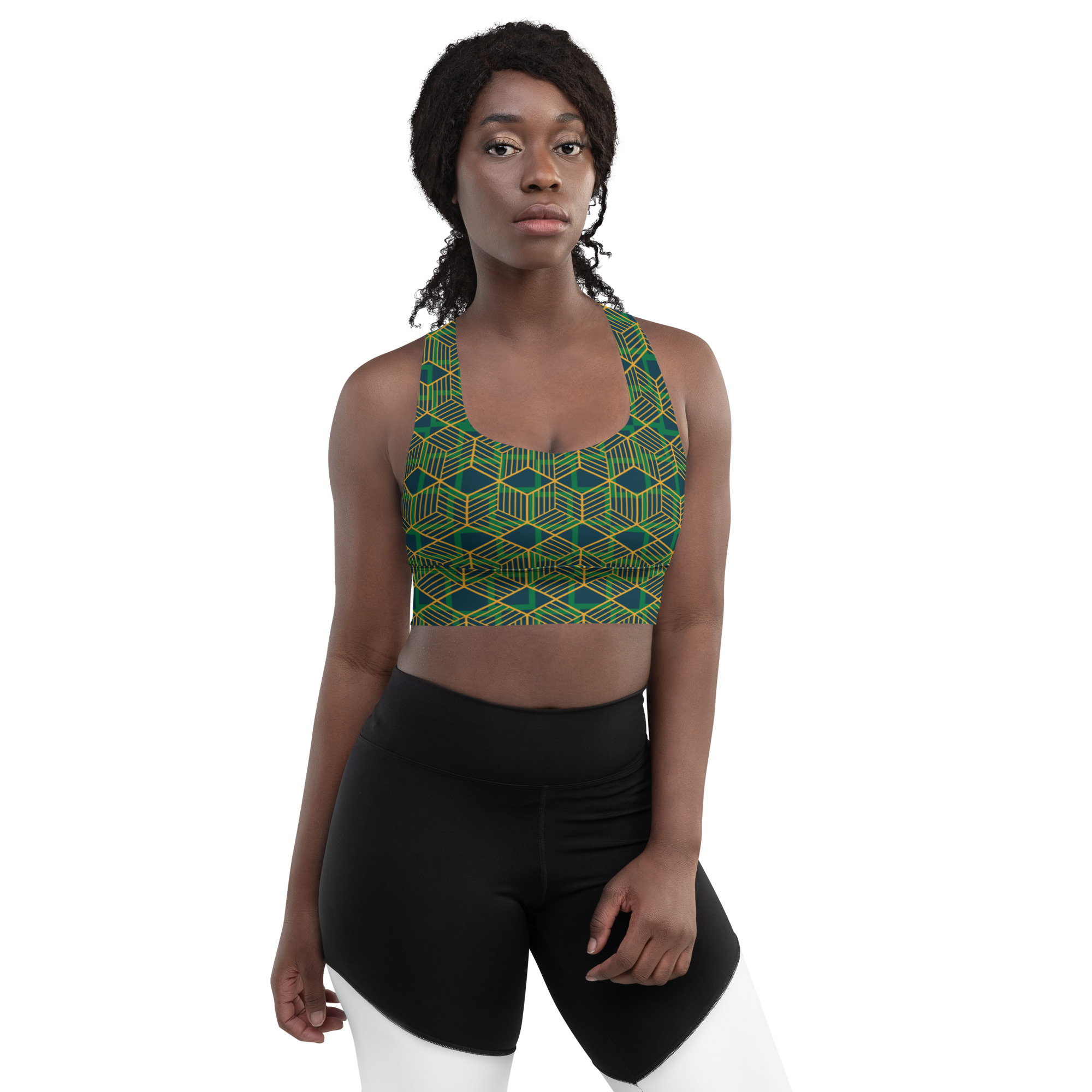 Woman wearing Green Geometric Pattern Longline Compression Sports Bra by Fitness for Worship