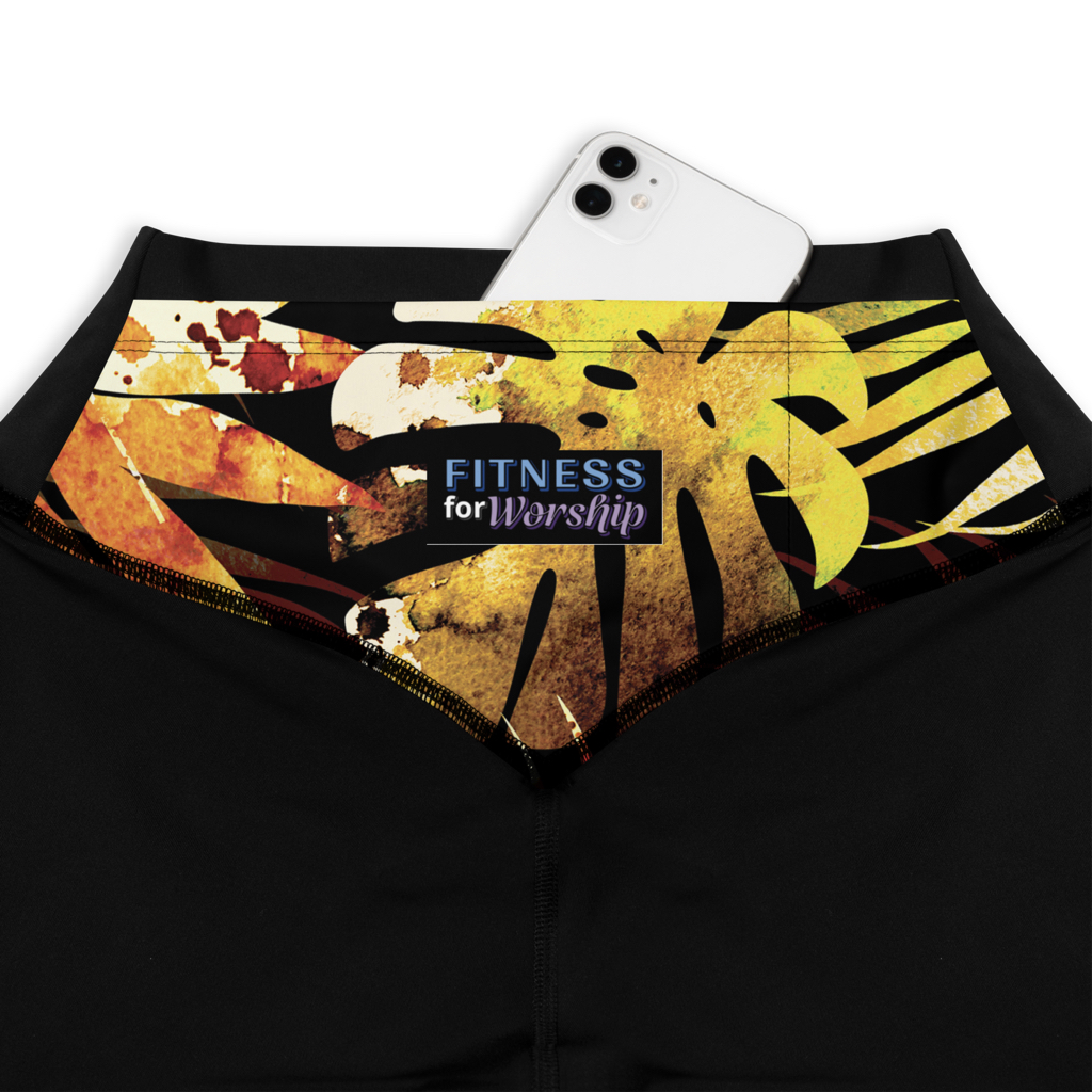 inside pocket of Autumn Leaves Compression Sports Workout Leggings for Women by Fitness for Worship