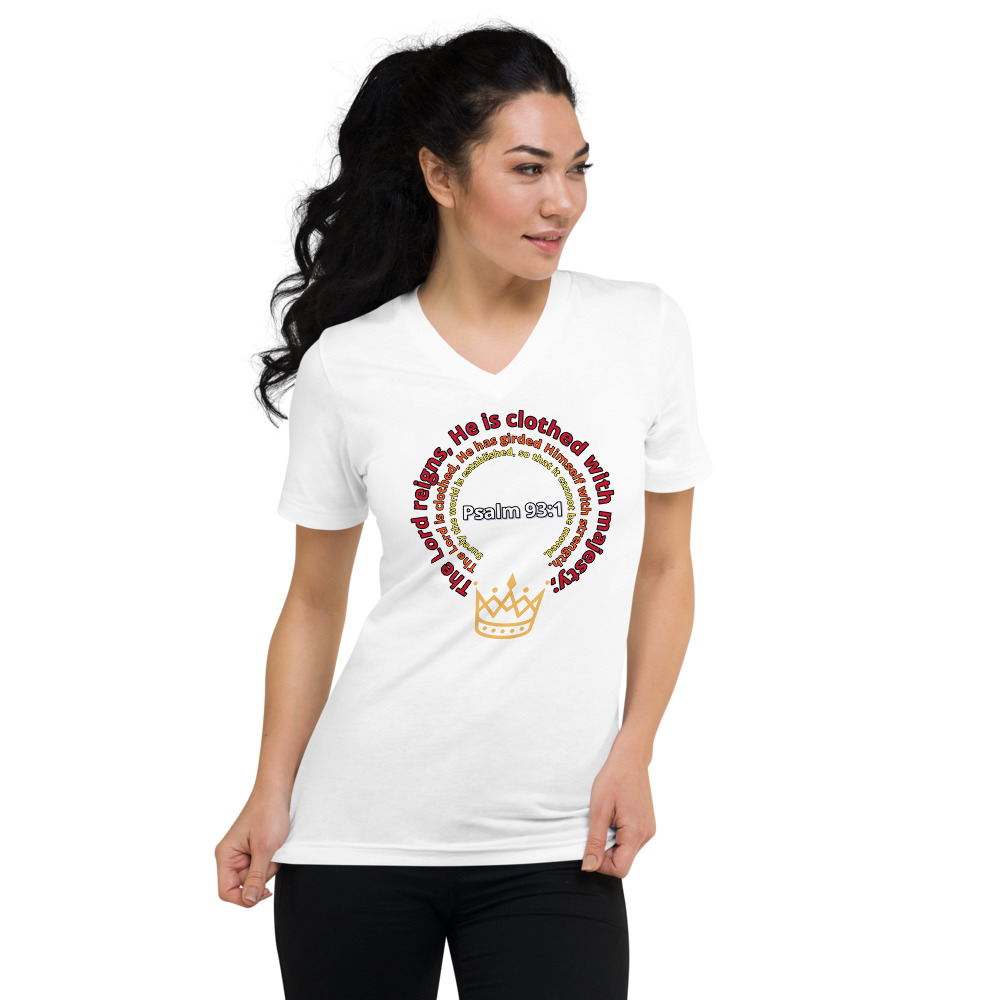Psalm 93:1 unisex v-neck tee white (front)
