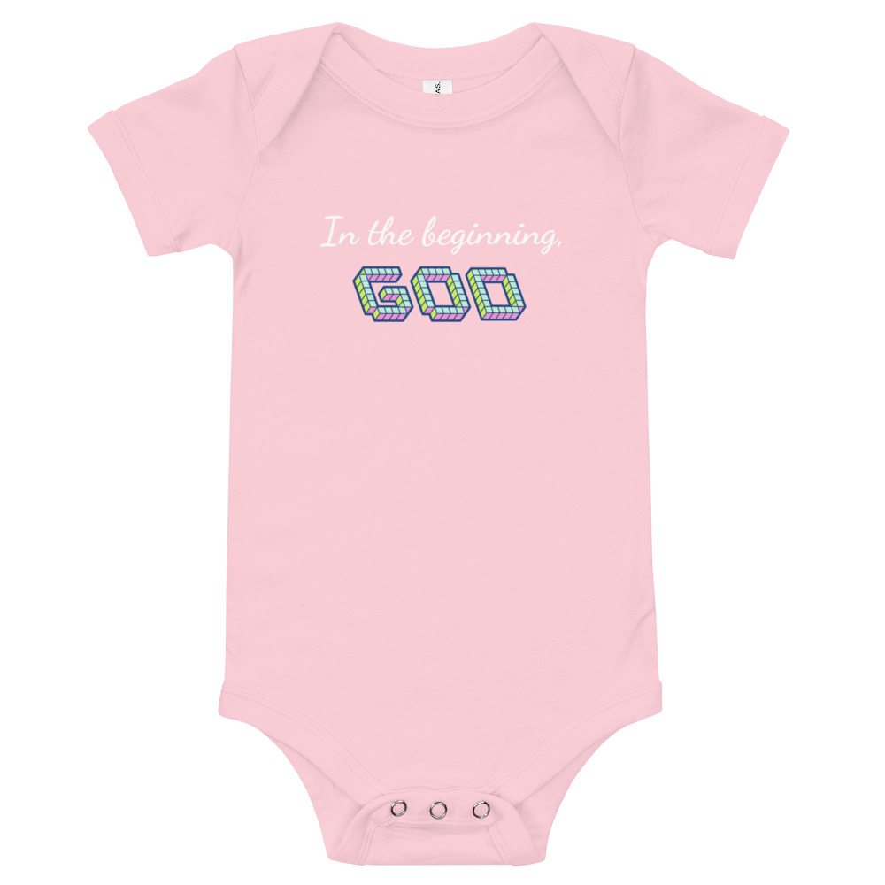pink “In the Beginning, God” Baby One Piece Bodysuit by Fitness for Worship