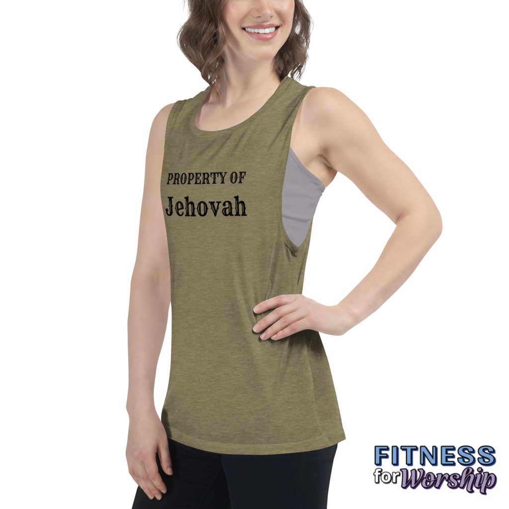 side view of woman wearing heather olive “Property of Jehovah” Muscle Tank for Women by Fitness for Worship