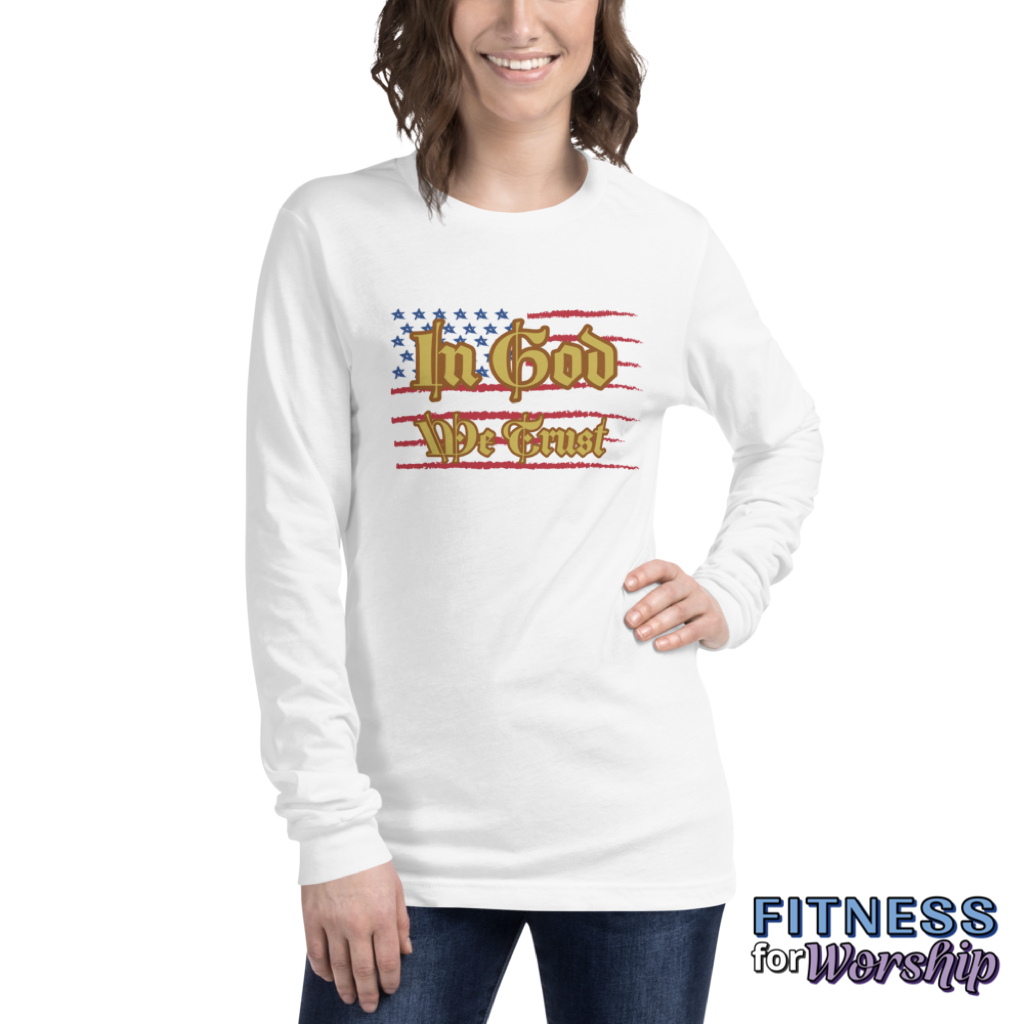 woman wearing white In God We Trust Long Sleeve T-Shirt by Fitness for Worship