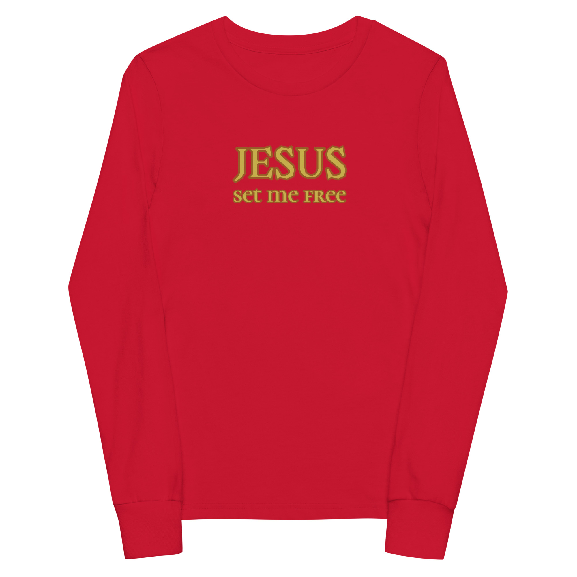 red “Jesus Set Me Free” Long Sleeve Tee for Youth by Fitness for Worship