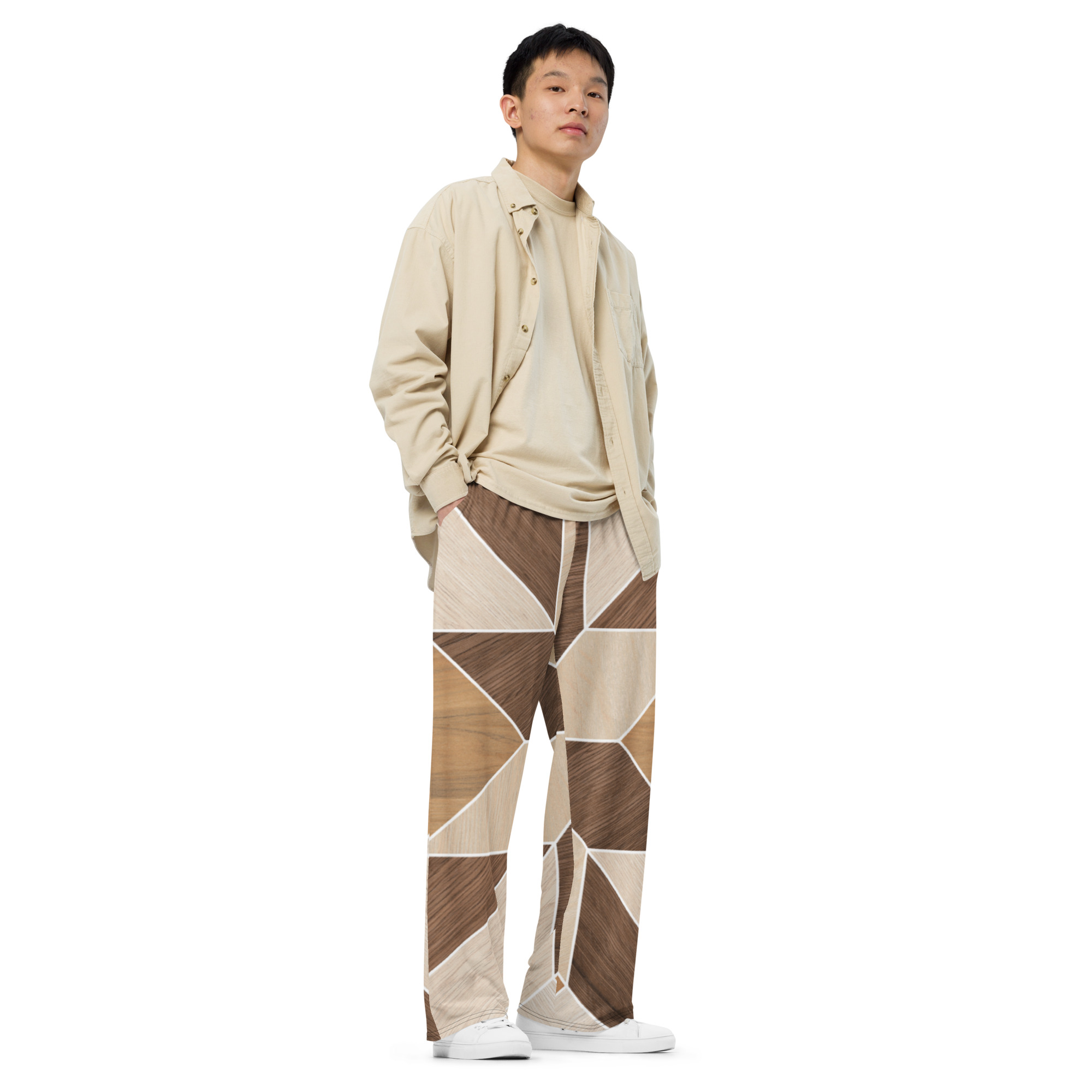 man wearing Wood Mosaic Wide-Leg Pants by Fitness for Worship