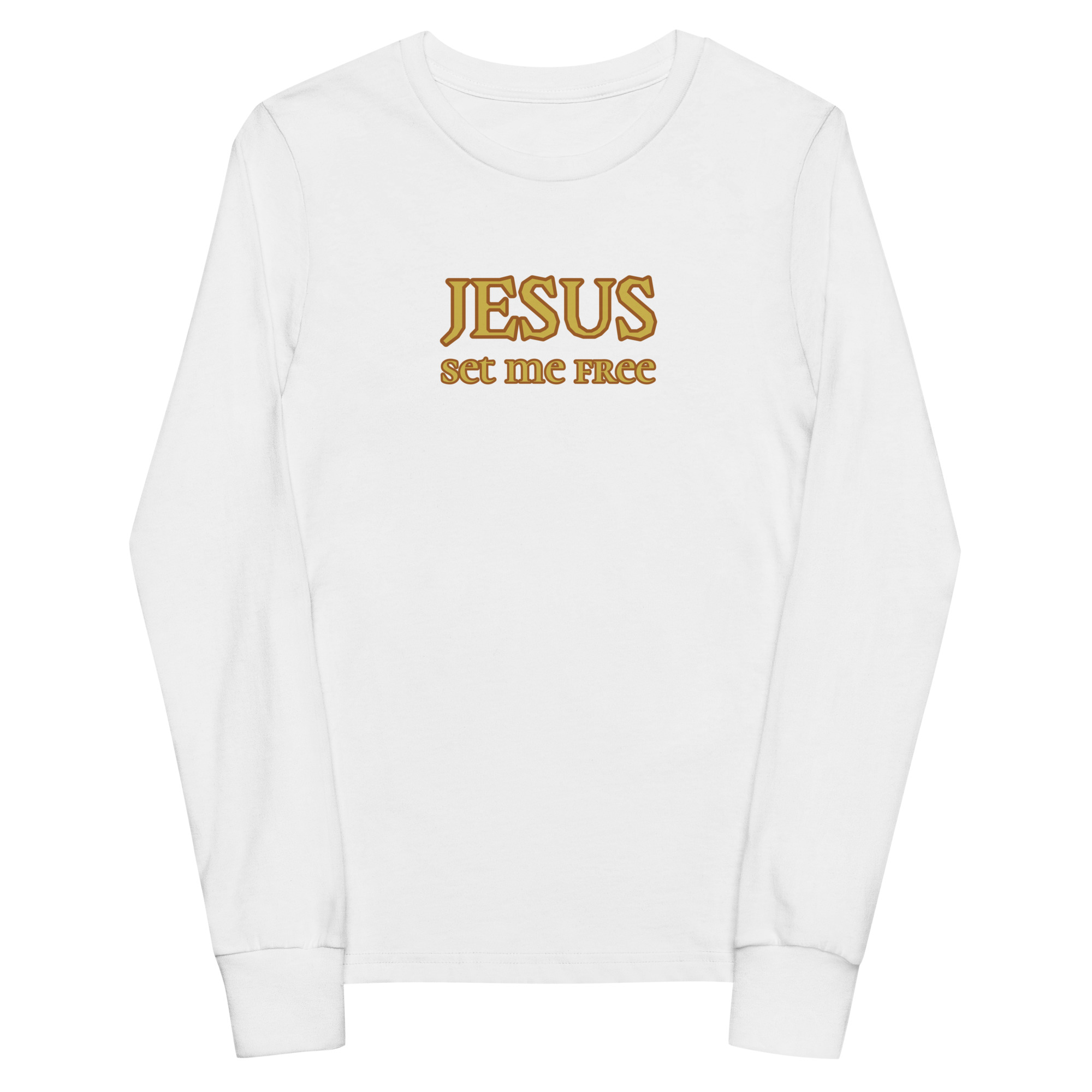 white “Jesus Set Me Free” Long Sleeve Tee for Youth by Fitness for Worship