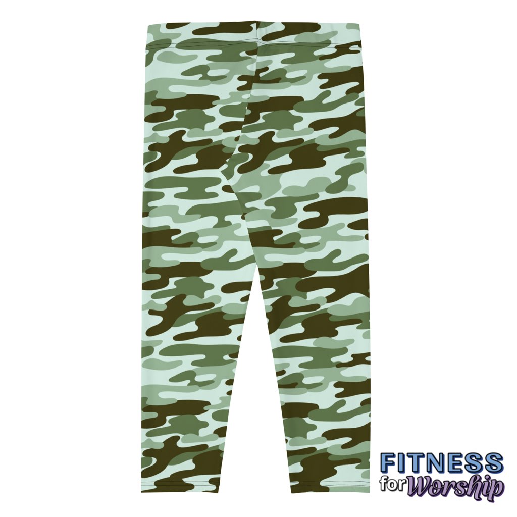 back of Green Camo Capri Leggings for Women by Fitness for Worship