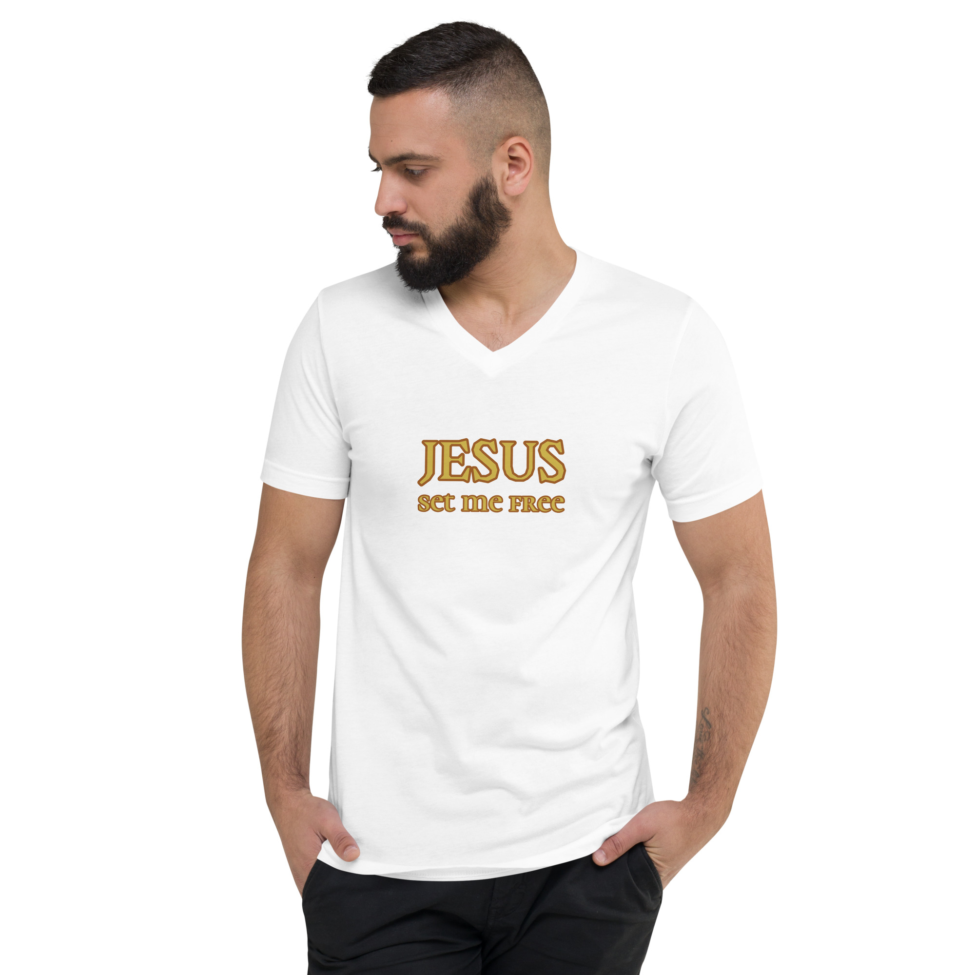 Man wearing white “Jesus Set Me Free” Short Sleeve V-Neck T-Shirt by Fitness for Worship