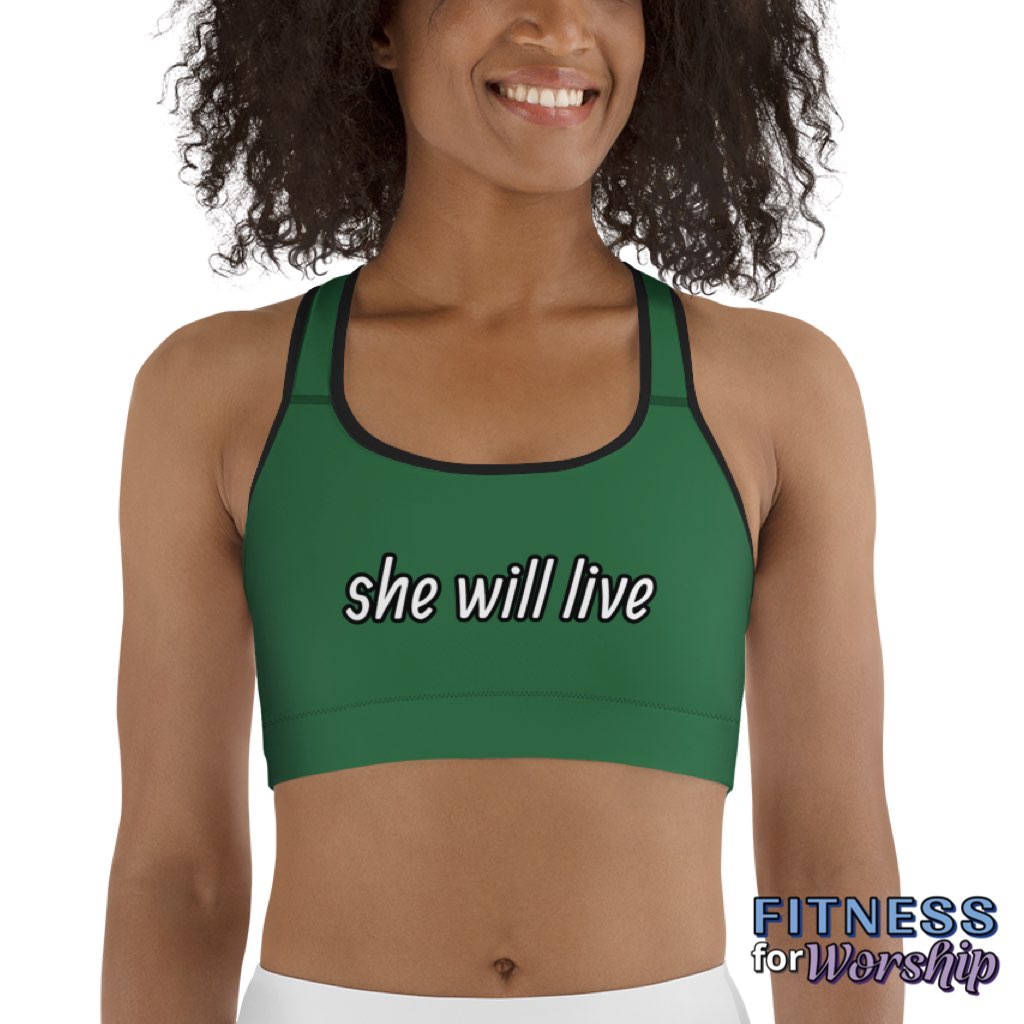 woman wearing “She Will Live” Matthew 9:18 Green Sports Bra by Fitness for Worship