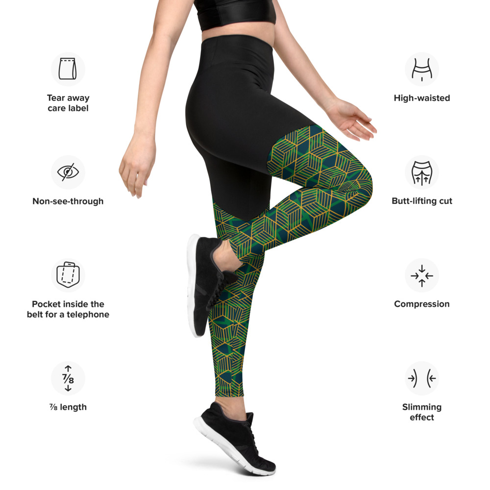 Green Geometric Compression Sports Leggings (right)