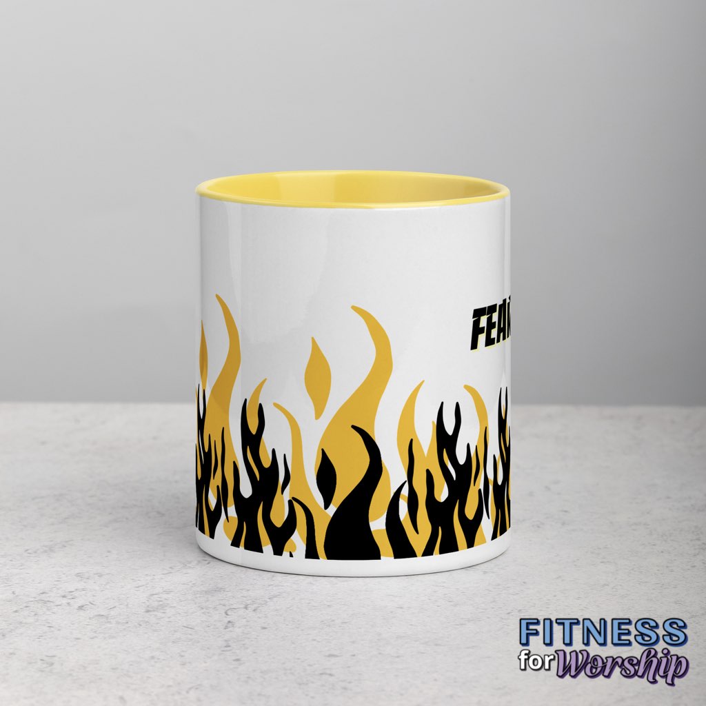 yellow "Fearless" with Flames 11 oz Ceramic Mug by Fitness for Worship