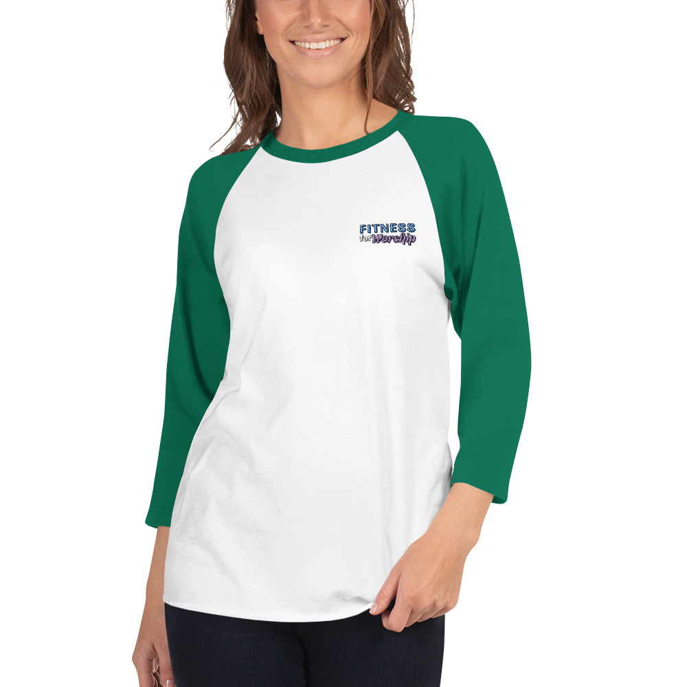 Woman wearing Fitness for Worship 3/4 Sleeve Baseball Shirt by Fitness for Worship