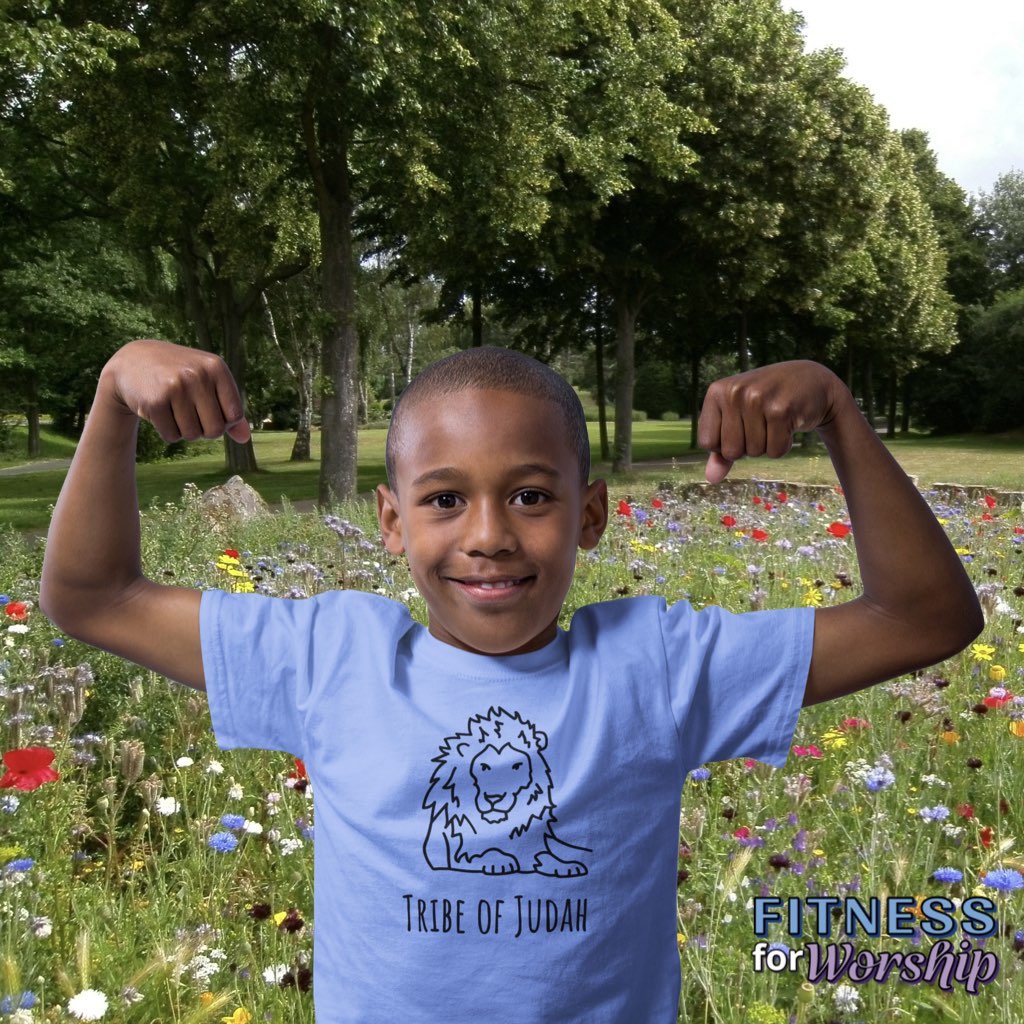 Boy outside wearing blue Lion Tribe of Judah Short Sleeve T-Shirt for Toddlers by Fitness for Worship