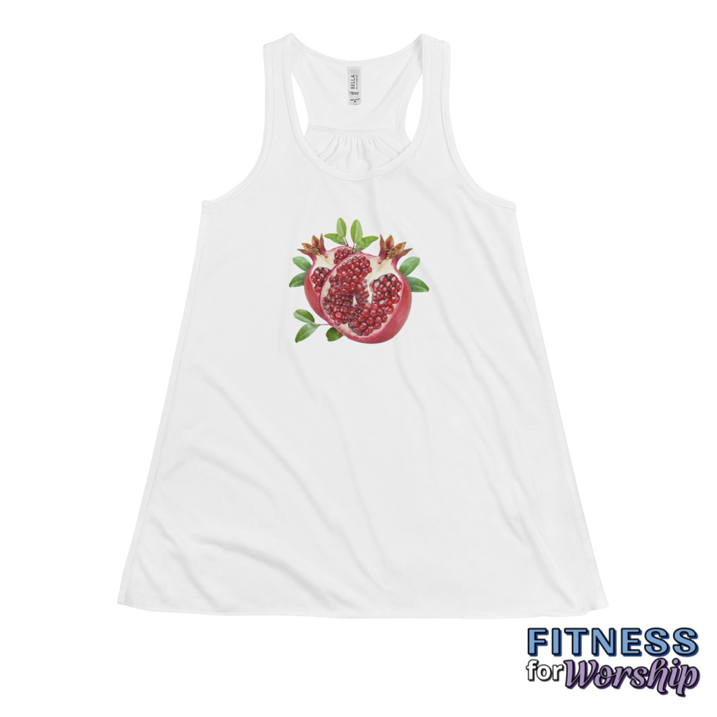 white Pomegranate Flowy Racerback Tank for Women by Fitness for Worship