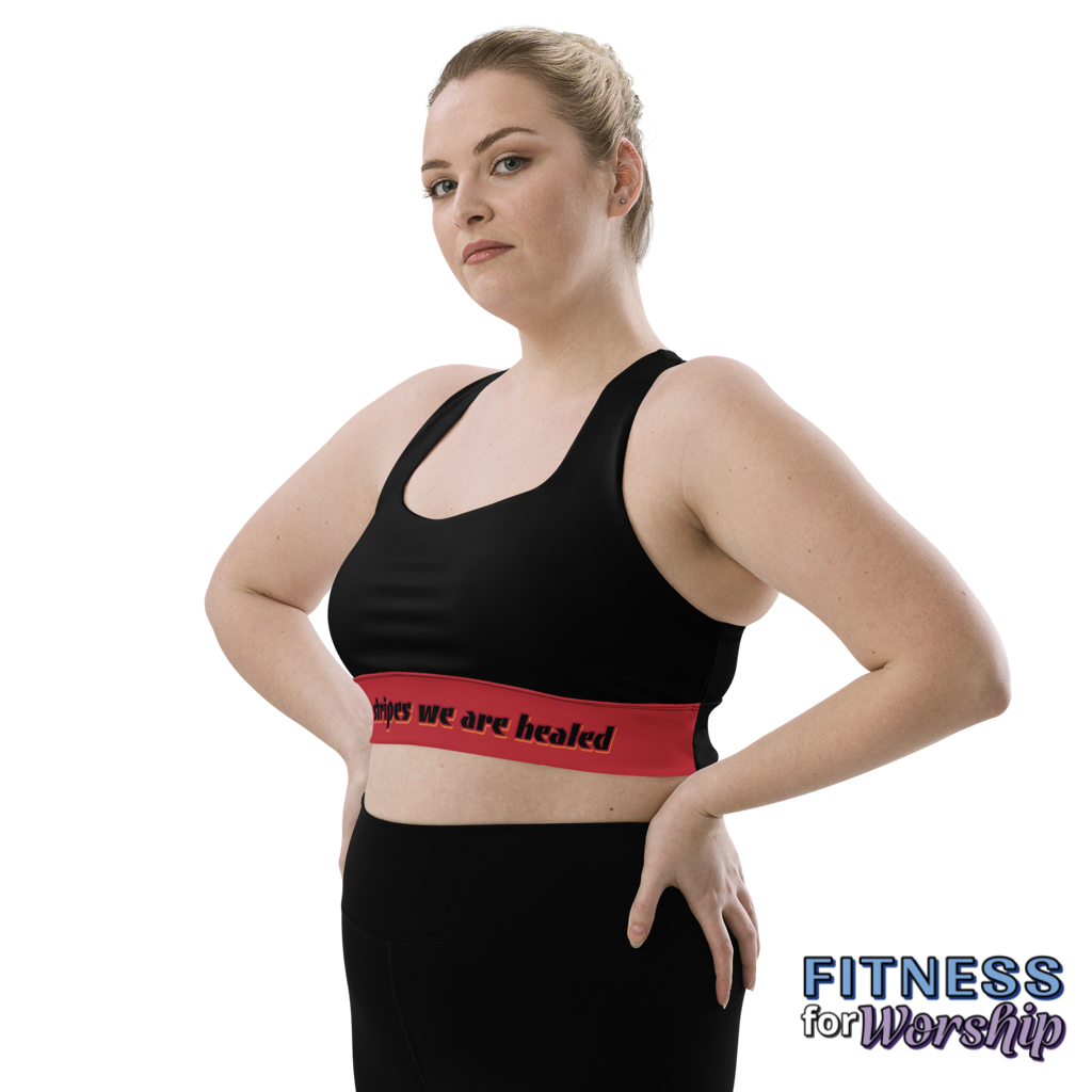 woman wearing Healed By His Stripes Isaiah 53:5 Red Longline Sports Bra by Fitness for Worship