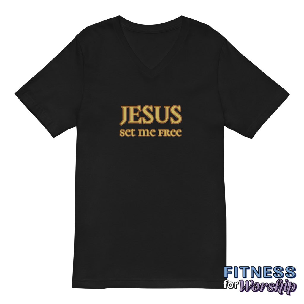 black “Jesus Set Me Free” Short Sleeve V-Neck T-Shirt by Fitness for Worship