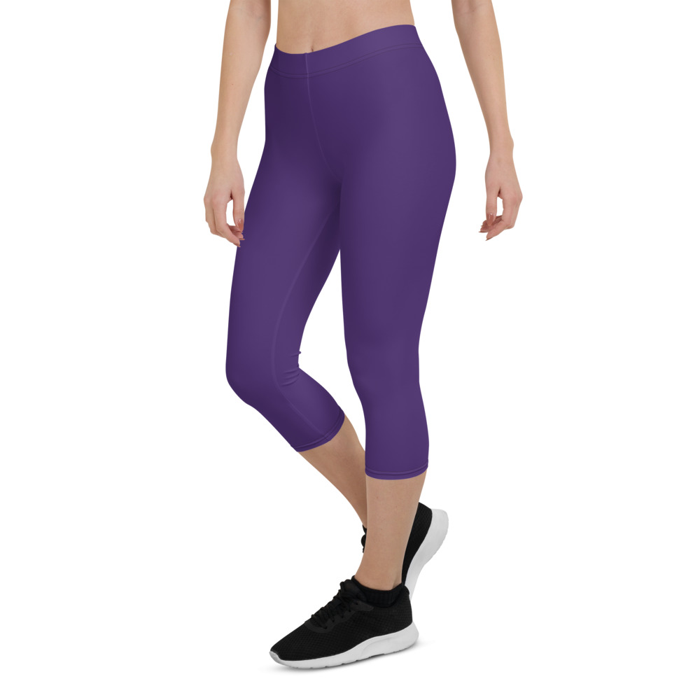 Woman's legs wearing Purple Capri Leggings for Women by Fitness for Worship