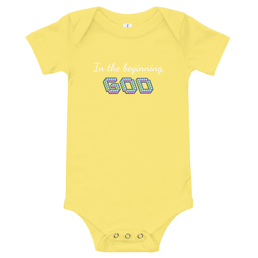 yellow “In the Beginning, God” Baby One Piece Bodysuit by Fitness for Worship
