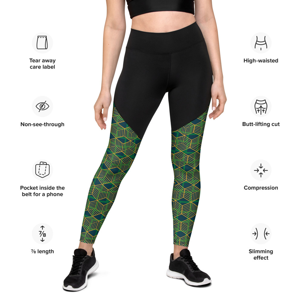 Green Geometric Compression Sports Leggings (front)
