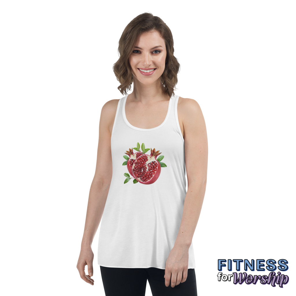woman wearing white Pomegranate Flowy Racerback Tank for Women by Fitness for Worship