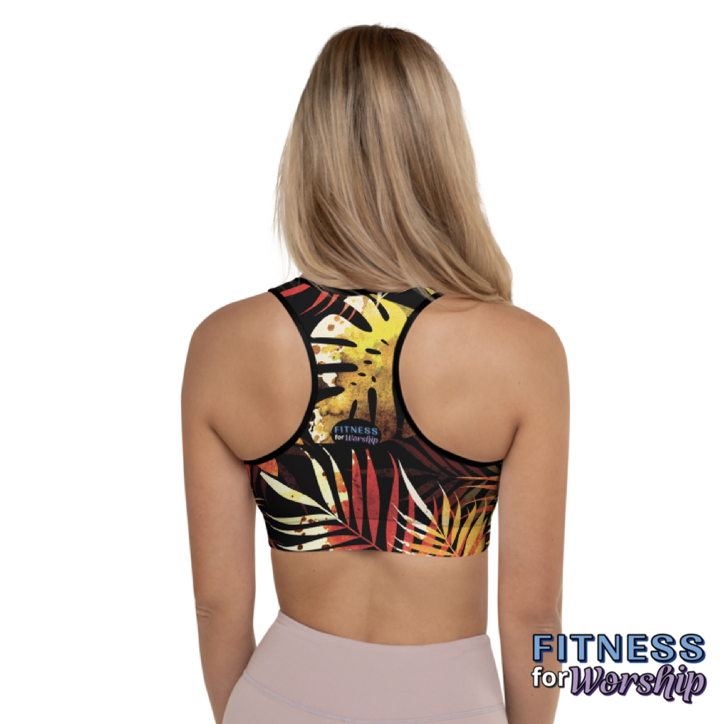 back of woman wearing Autumn Leaves Padded Sports Bra by Fitness for Worship