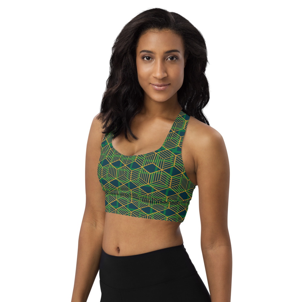 Woman wearing Green Geometric Pattern Longline Compression Sports Bra by Fitness for Worship