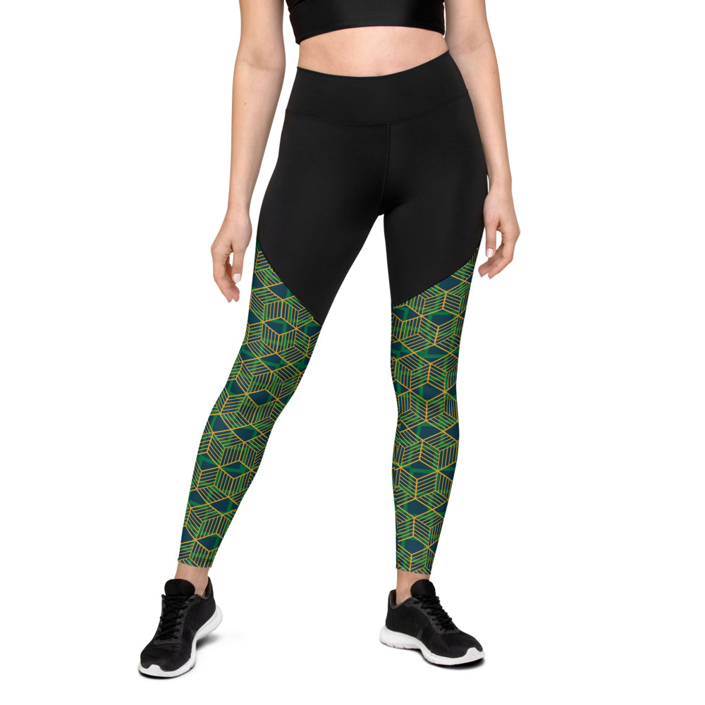 Green Geometric Compression Sports Leggings (front)