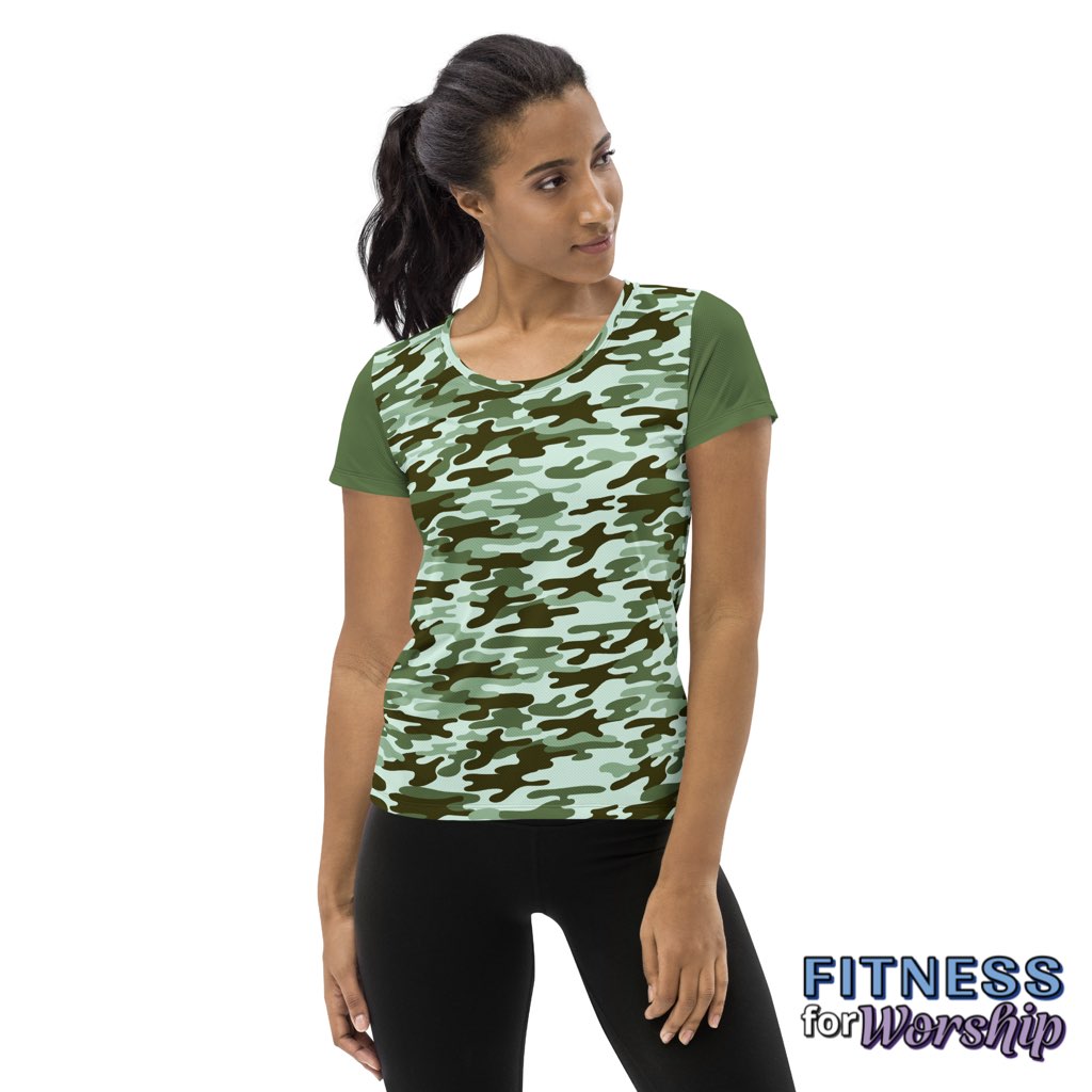 woman wearing Green Camo Athletic Mesh T-shirt for Women by Fitness for Worship