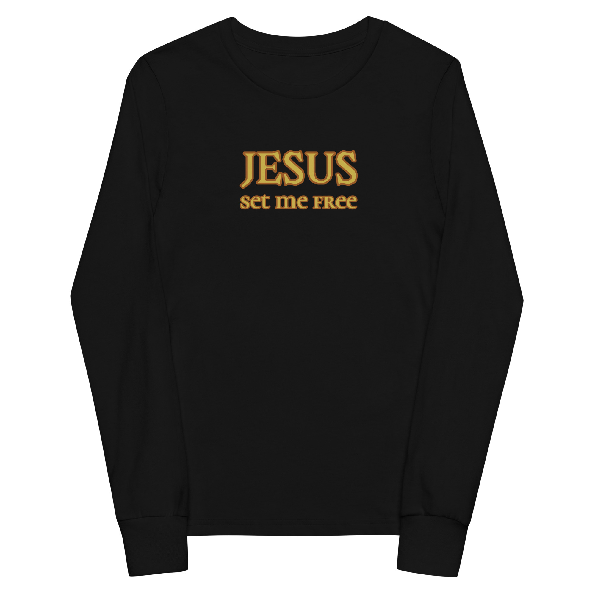 black “Jesus Set Me Free” Long Sleeve Tee for Youth by Fitness for Worship