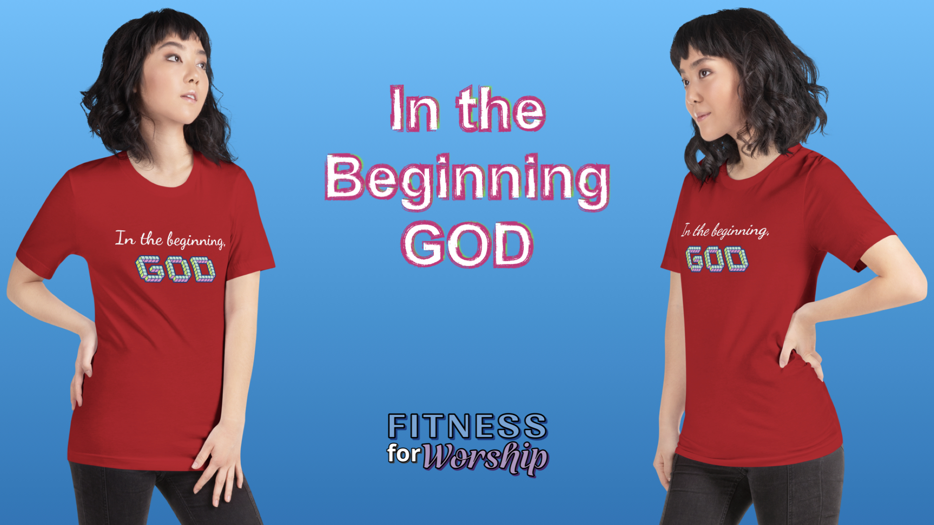 Promo Image for "In the Beginning God" short sleeve t-shirt for women by Fitness for Worship