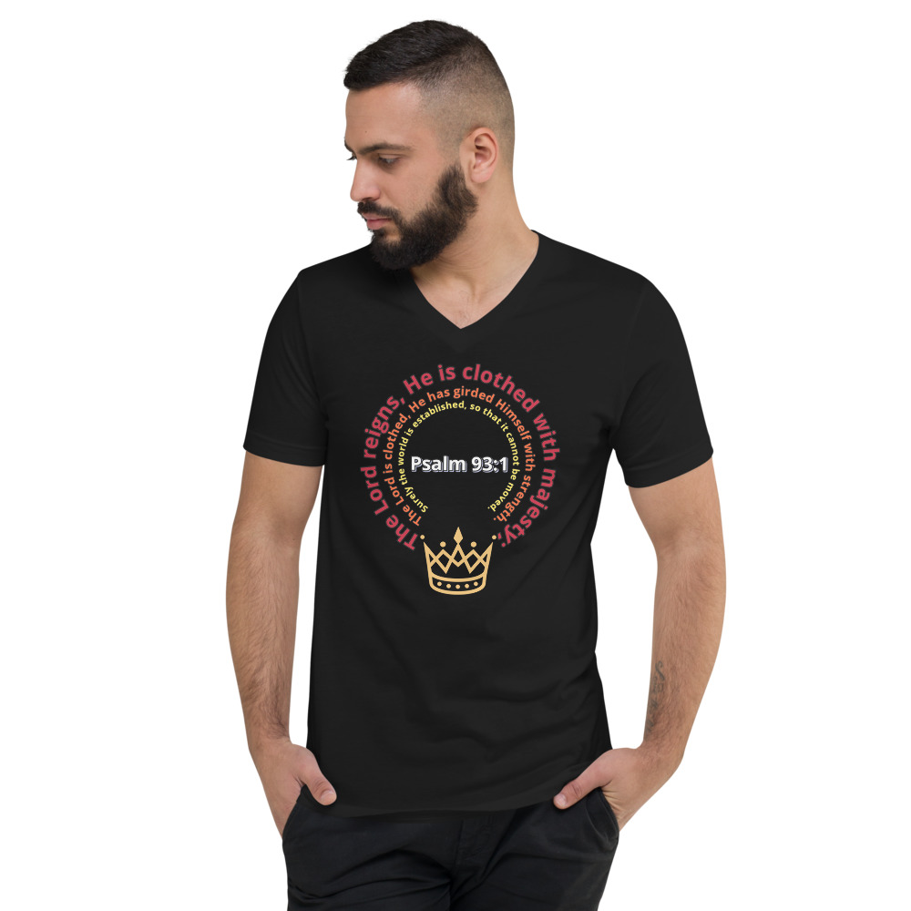 Psalm 93:1 unisex v-neck tee black (front)