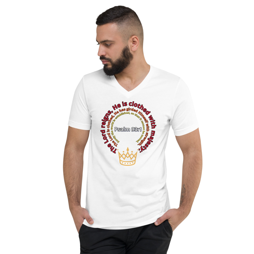 Psalm 93:1 unisex v-neck tee white (front)