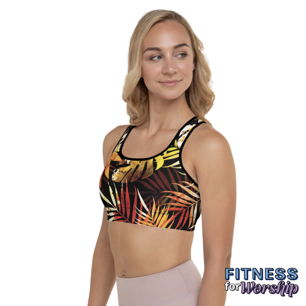 woman wearing Autumn Leaves Padded Sports Bra by Fitness for Worship
