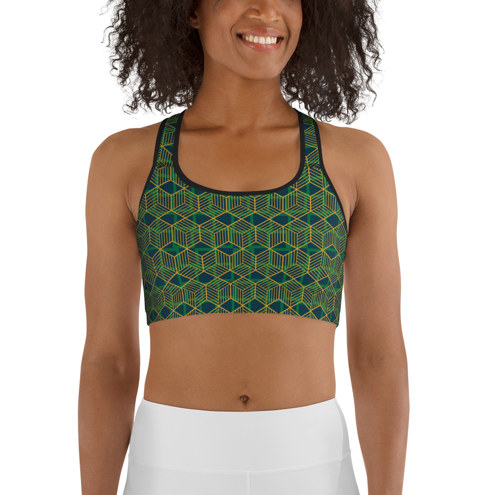 Woman wearing Green Geometric Sports Bra by Fitness for Worship