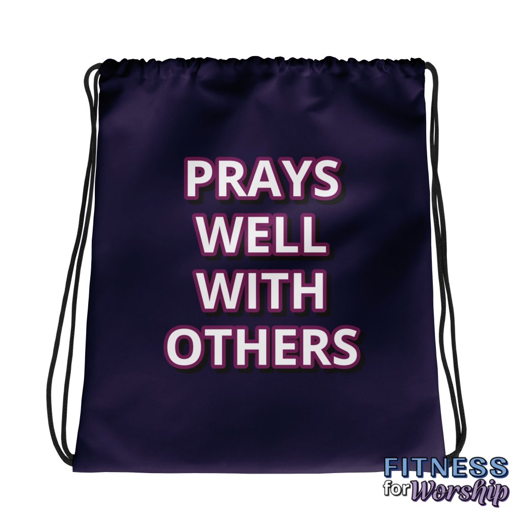 “Prays Well With Others” Purple Drawstring Gym Bag by Fitness for Worship