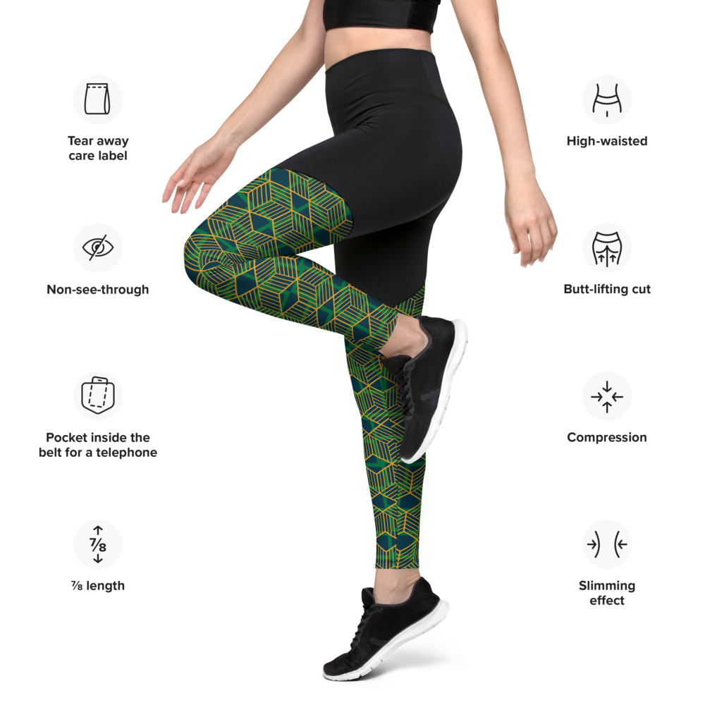 Green Geometric Compression Sports Leggings (left)