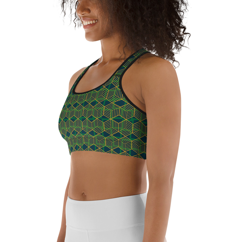 Woman wearing Green Geometric Sports Bra by Fitness for Worship