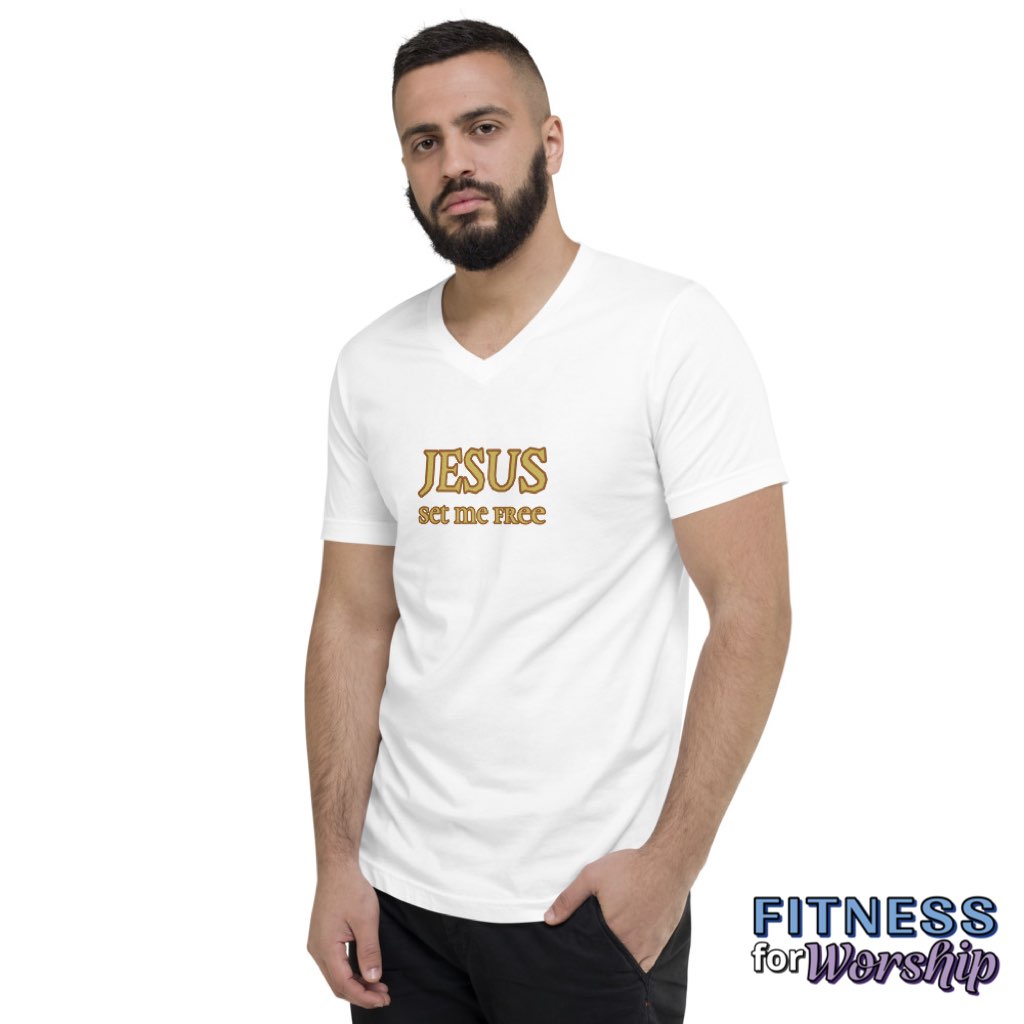 man wearing white “Jesus Set Me Free” Short Sleeve V-Neck T-Shirt by Fitness for Worship