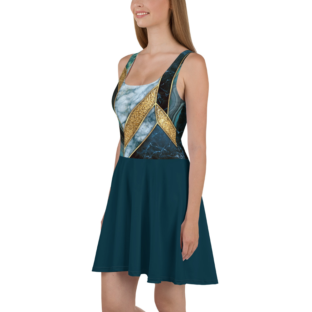 woman wearing Turquoise Marble Gold Skater Dress by Fitness for Worship