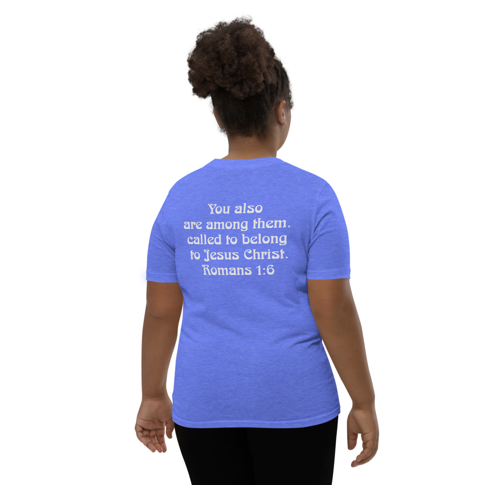 Youth Called T-Shirt in Heather Columbia Blue, back showing Romans 1:6 scripture