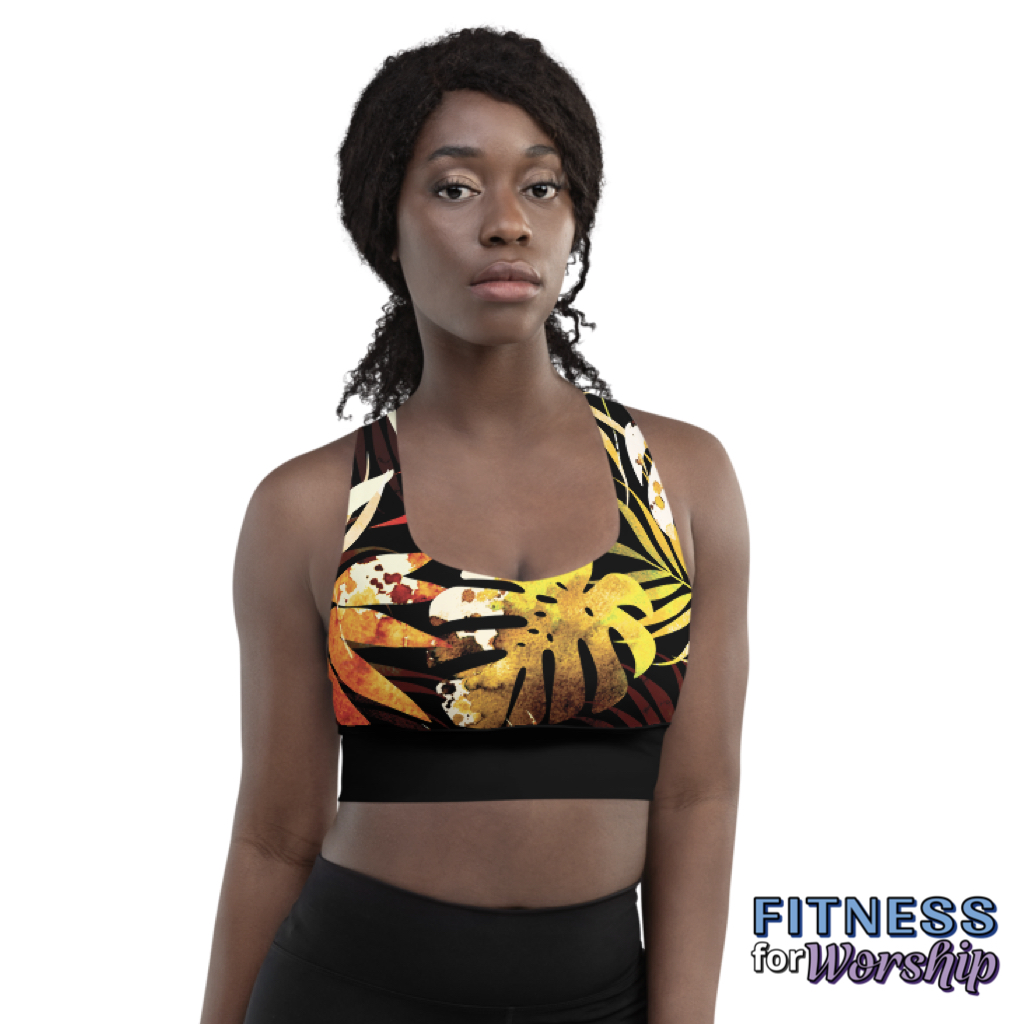 woman wearing Autumn Leaves Longline Sports Bra by Fitness for Worship