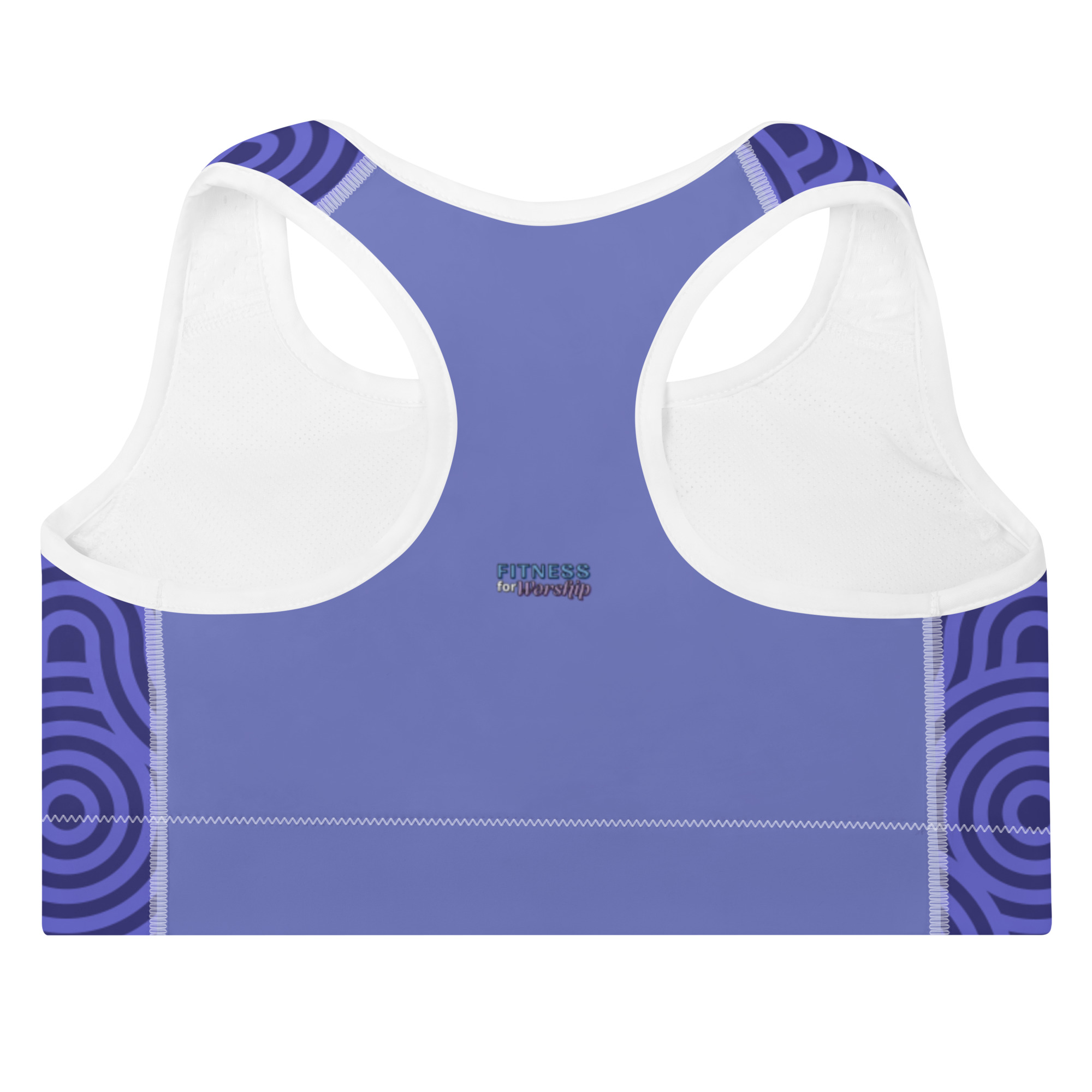 back of Geometric Purple Slate Blue Padded Sports Bra by Fitness for Worship