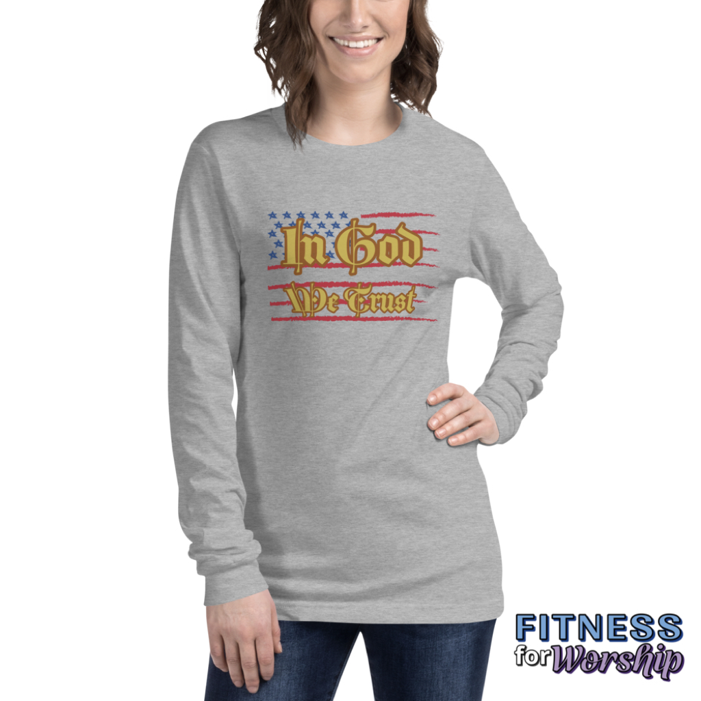 woman wearing In God We Trust Long Sleeve T-Shirt by Fitness for Worship
