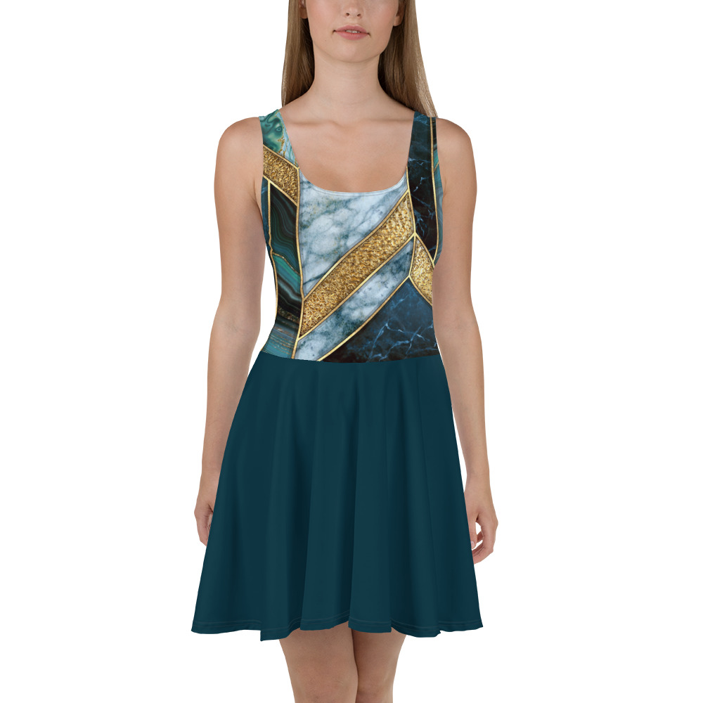Woman wearing Turquoise Marble Gold Skater Dress by Fitness for Worship