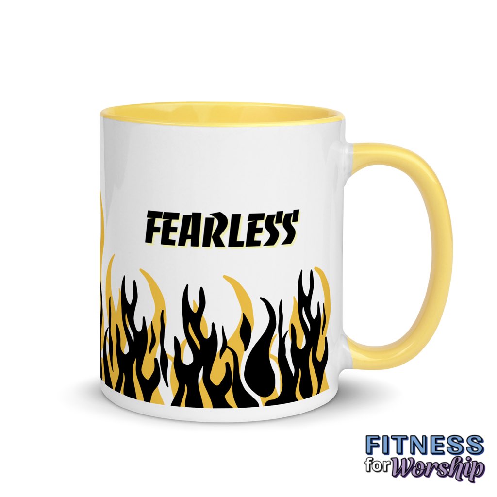 yellow "Fearless" with Flames 11 oz Ceramic Mug by Fitness for Worship